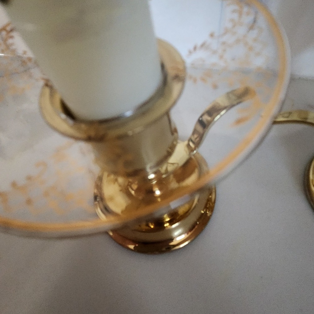 Set 2 Vintage Partylite Candlestick Holders With Gold Decal Glass Drip Catchers - Picture 5 of 9